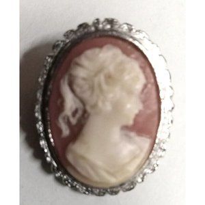 VINTAGE ANTIQUE SILVER TONE GLASS CAMEO PIN BROOCH